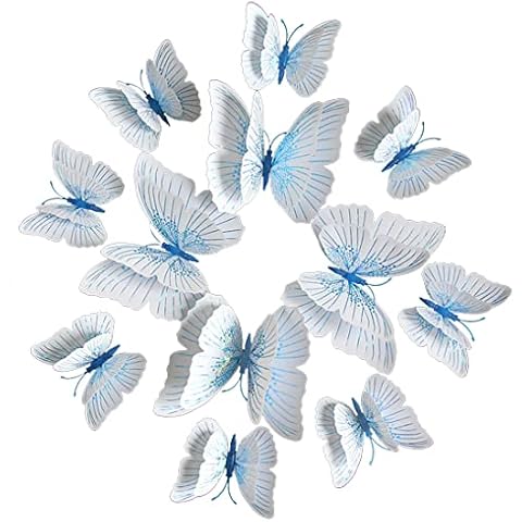 CL-Link 24PCS 3D Butterfly Wall Decals Butterflies Wall Stickers Removable Streamer Blue Double Wing Butterfly Decor for Home Bedroom Kids Room Decor Cover