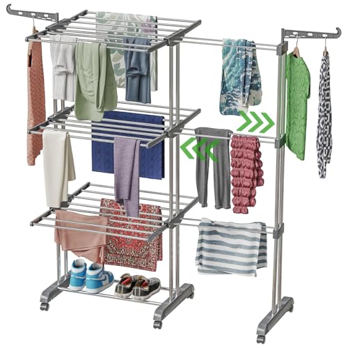 Image of TEKCOOL Expandable Clothes Drying Stand for Home|Cloth Dryer Stand with Wheel|Cloth Stand for Drying Clothes Foldable|Stainless Steel Clothes Hanging Stand|Cloth Rack for Balcony(3 Layer, Grey);