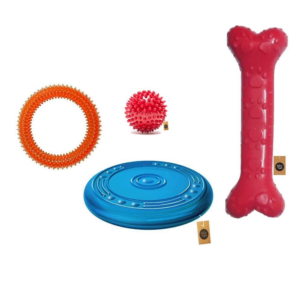 The Pets Company Rubber Dog Chew Toy Combo ( Spike Ring 6" + Rubber Flyer 9"+ Dog Spike Ball 3" + Large Dog Bone 8.5") | Interactive Toys for Medium & Large Breed Dogs (B0BMLDV8KL) Amazon Price History, Amazon Price Tracker