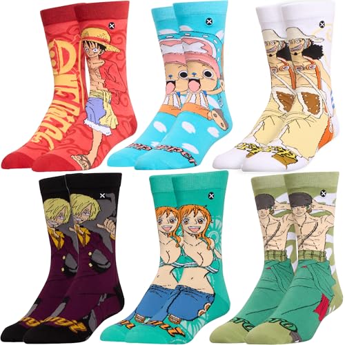 Cool Socks One Piece 6-Pack Crew Socks Anime Character Bundle Set Large Luffy Chopper Nami Zoro Sanji Usopp Premium Cotton Blend Gift for Men Women Fans