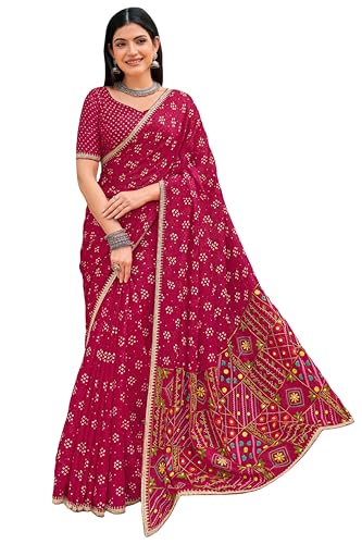 Image of Laxmipati Pasandida Pink Chiffon Bandhani Embroidered Saree