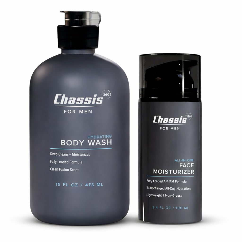 Chassis 360 Hydrating Mens Body Wash All-In-One Face Moisturizer Bundle Triple Foam Body Cleanser Vitamin C Niacinamide Hyaluronic