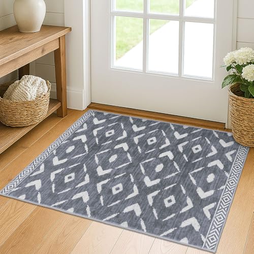 KILOCOCO Small Rug 2'x3' Entryway Rug Printed Moroccan Indoor Door Mat Machine Washable Non Slip Soft Throw Rugs for Bedroom Kitchen Entrance Geometric Boho Rugs, Dark Grey