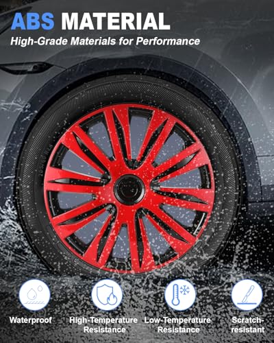 Image of ABX Hubcap Wheel Covers Hub Caps 16 Inch Set of 4 Black & Red Universal Wheel Rim Cover R16 Stylish Car Decor Wheel Covers