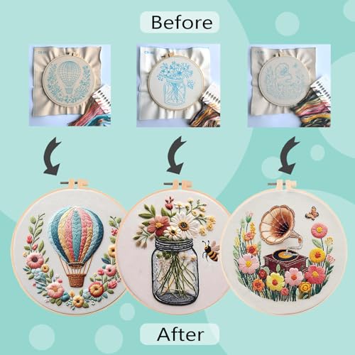 Image of AEDNX 3 Pack Beginner Embroidery Kit DIY Cross Stitch Kit for Adults with Cute Flowers Patterns Includes 3 Embroidery Hoops Detailed Instructions Complete Accessories