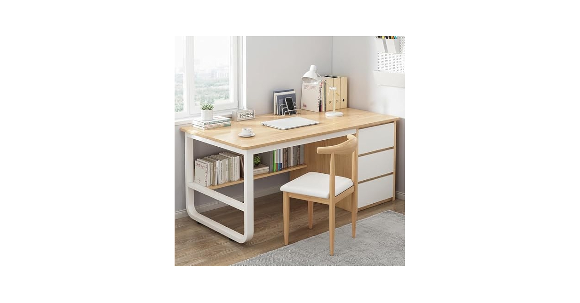 シンプルモダンデスク・机　3引き出し Amazon | 【Ptomoto】3 引き出し＆収納棚付き シンプルモダン