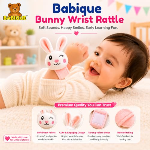 Image of Babique Soft Plush Bunny Hand Rattle Wrist Band for Newborns, Infants & Kids - Baby Wrist Rattle Toy with Adjustable Velcro Strap, Gentle Sound, Lightweight & Safe for 0-36 Months
