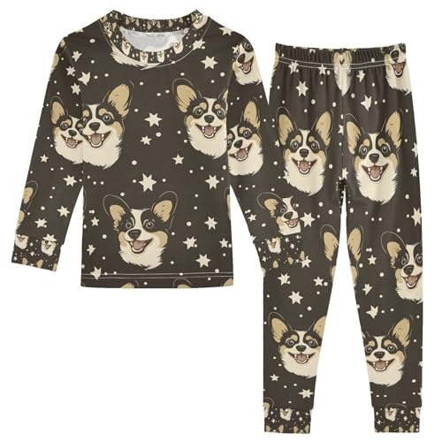 senya Starry Corgi Face Night Pajamas Set Long Sleeve Soft Cotton Sleepwear 2 Piece