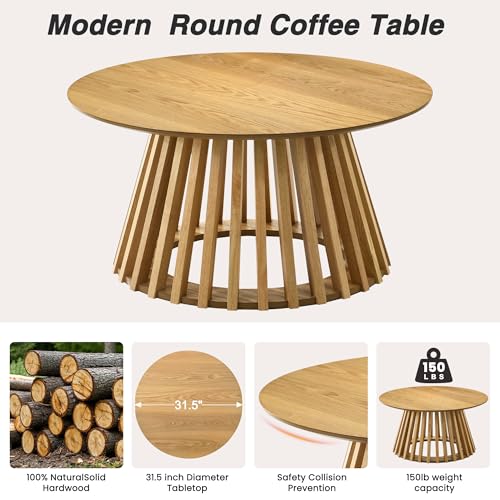 Image of HNY Modern Black Round Coffee Table for Living Room, Mid Century Wood Outdoor 31.5 inch Circle Small Center Table with Fluted Base for Patio, Home Small Space, Bedroom, Apartment, Studio, Natural