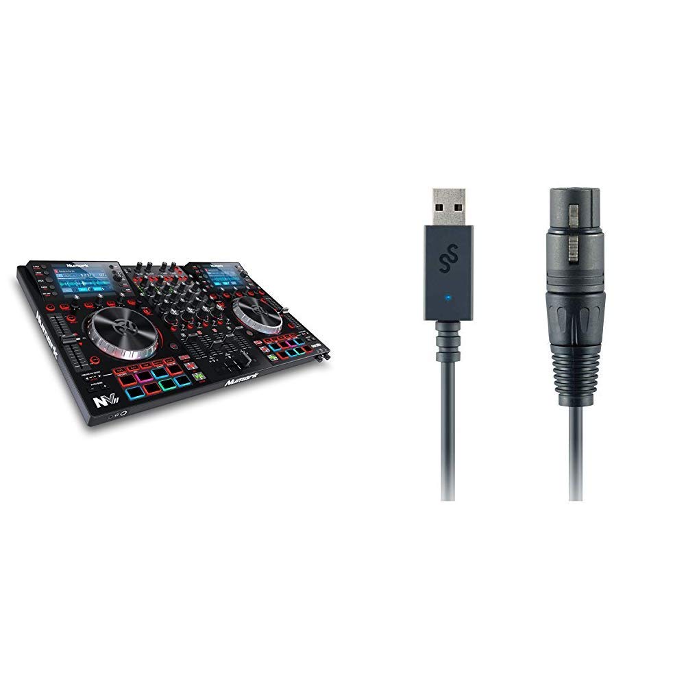 Numark NVII + SoundSwitch DMX Micro Interface | Intelligent 4-Deck DJ Controller with High Resolution Displays and Velocity Sensitive Pads + Compact USB to DMX Interface and Serato DJ Pro Included