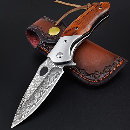 KOMWERO Damast Taschenmesser Klappmesser mit Damaststahl Klinge Holzgriff Flipper Messerscheide Leder - Damastmesser Einhandmesser für Outdoor Survival Sammlung Geschenk