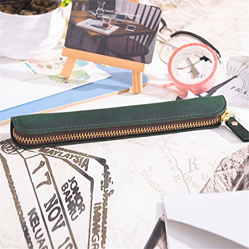 Image of Retro Crazy Horse Genuine Leather Stationery Pencil Case Storage Bag Casual Stationery Box (Green)