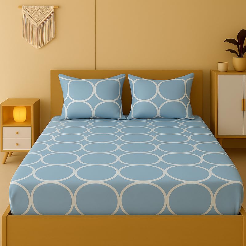 Image of NEW LEAF 320 TC Cotton All Around Elastic Fitted Printed Bedsheets King Size, Premium Fitted Bedsheets King Size for Double Bed with 2 Pillow Covers, Size- 78 inch x 72 inch Olive Grey