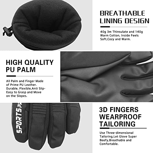 Thinsulate Mens Ski Gloves, Waterproof Insulated Cold Weather Snow Winter Gloves With Touchscreen Pu Leather Palm For Men Snowmobile Skiing Snowboard Sledding Outdoor Sports (Black Leather, L) #TOP3