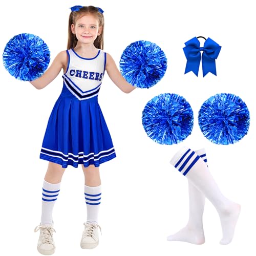 MäDchen Cheerleader KostüM Kinder, Cheerleading Costumes, Karneval Kinder Cheerleader Uniform, Schulkind Cheer Kleid Set 6PCS Kleid, ein Paar Blumenkugeln, ein Paar Socken, Haarkragen (Blau, 8-9Y)