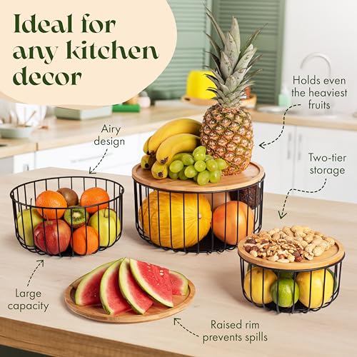 Fruit Basket for Kitchen Counter Set of 3 - Large Stackable Baskets with Bamboo Lid - Fruit Bowl, Perfect Holder For Fruits and Vegetable Storage -Keep Your Countertop Classy, Tidy and Slightly Fruity - Image 4