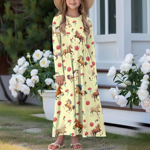 Girls Dresses A Line Long Sleeve Ruffle Swing Long Dress 5-14Y3