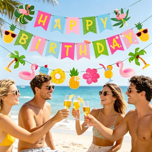 Image of SUNBEAUTY Hawaiian Happy Birthday Banner Tropical Luau Party Birthday Flamingo Pineapple Palm Leaf Banner for Summer Birthday Party Decorations Supplies | Pre-Strung