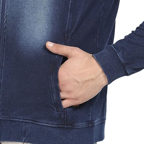 Image of Campus Sutra Men's Navy Blue Zip-Front Dark-Wash Denim Jacket For Casual Wear | High Neck | Long Sleeve | Zipper Closure | Cotton Jacket Crafted With Comfort Fit For Regular Wear