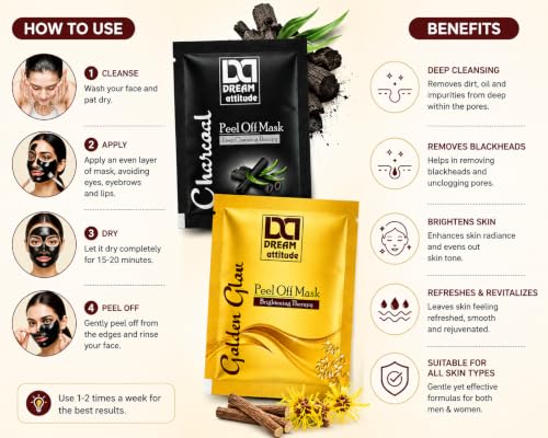 Image of Peel Off Mask Combo Pack of 2 | Charcoal Deep Cleansing Therapy & Golden Glow Brightening Therapy Face Mask Sachets for Fresh, Clean & Radiant Looking Skin | 40ml | Dream Attitude