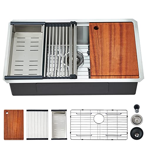 Ecochannels Undermount Kitchen Sink, 33 X 19 Inch Sink Kitchen 16 Gauge Stainless Steel Kitchen Sinks Single Bowl Workstation Sink With Cutting Board #TOP25