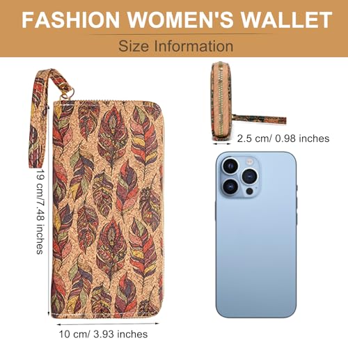 Women's Wallet, Vintage Wood Grain Zipper Wallets, Ladies RFID Blocking Credit Card Holder Wristlet Wallet for Women, Large Capacity Leather Purse Clutch (Feather)4