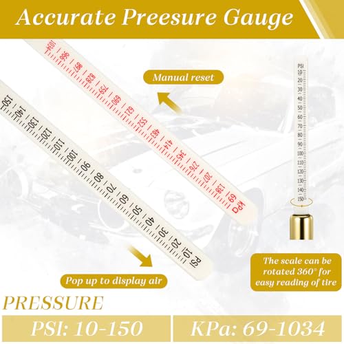 Image of Yunsailing 10 Pcs 10 Pcs Dual Head Tire Pressure Gauge Heavy Duty Truck Tires Air Pressures Gauges with Hook Range 10-150psi, 0.7-10.3bar for Semi Trucks Car Bus Rv Van (Gold)