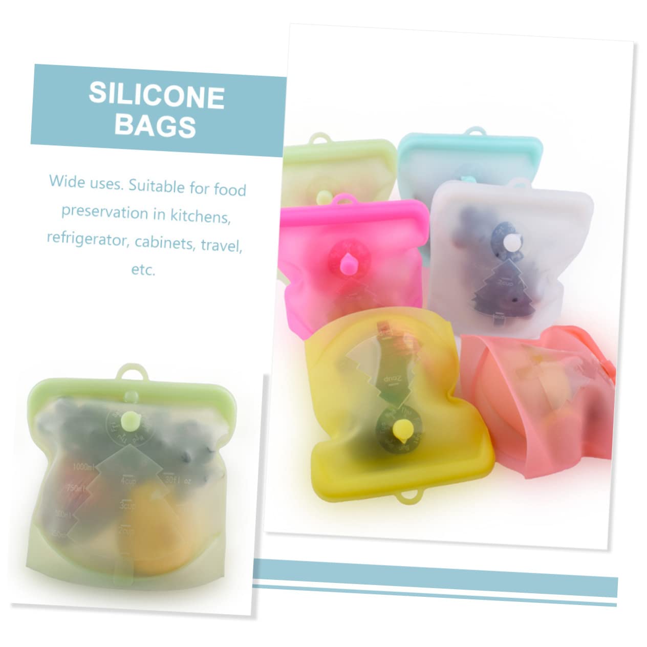 KOMBIUDA Sacchetti Per Alimenti Riutilizzabili in Silicone Sacchetti Congelatore Per Frutta Verdura 3 Pezzi Richiudibili