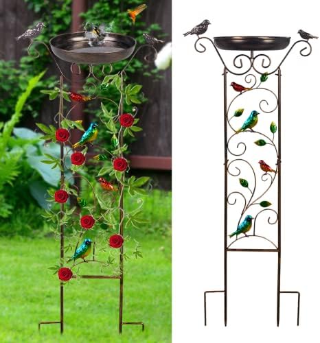 Qipade Bird Bath Outdoor, 2 in 1 Antique Iron Bird Baths with Garden Trellis, 40'' High Decorative Bird Detachable Bird Bath Bowl Potted Stand for Garden Climbing Flower