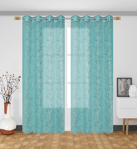 Image of littlelotus Tree Print Tissue Net Sheer Transparent Grommet Curtains for Door 7 feet Long Set of 2, Turquoise