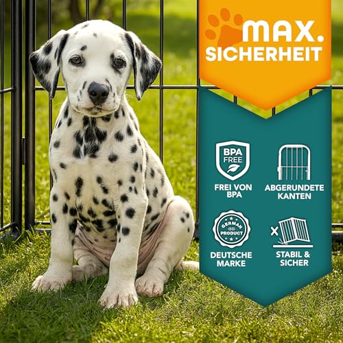 TRESKO® Welpenlaufstall 80 cm hoch inkl. 8X Erdanker | Welpenauslauf 8-teilig | Hundelaufstall faltbar mit Tür | Aufbau werkzeugfrei | Tierlaufstall Hunde wetterfest