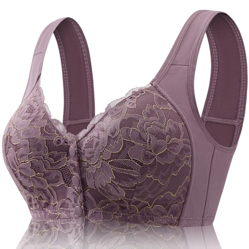 Image of No Underwire Lace Bras for Women Sponge Cup Front Closure Bra for Seniors Plus Size Full Coverage Bra No Wire Bras