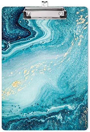 Hongri Clipboard, Fashion Design Letter Size Wooden Clipboards for Students, Women, Man and Kids, Cute Custom Pattern, A4 Standard Size 9" x 12.5" with Low Profile Metal Clip, Teal Marble