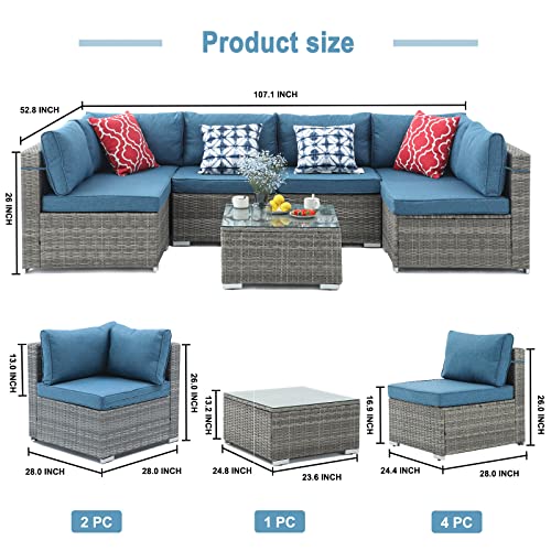 Vonzoy 7 Pieces Patio Furniture Set, Outdoor Sectional Sofa Couch, Grey Wicker Rattan Patio Conversation Set With Cushions And Table, Blue #TOP5