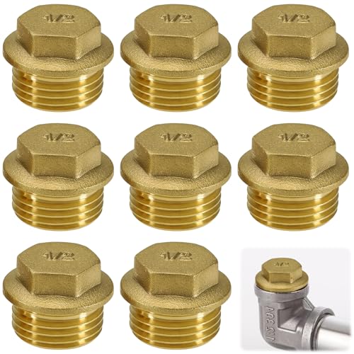 NINGYER 8 Stück Stopfen 1/2 Zoll, Blindstopfen 1/2 Zoll Messing Stopfen für Heizkörper, Verteiler und Heizung Wasserversorgungssysteme (Gold）