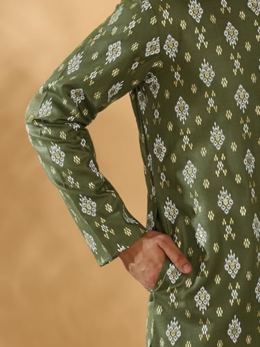 Image of KRAFT INDIA Men's Cotton Blend Geometric Printed Straight Long Regular Kurta and Elastic Waistband Pyjama Set