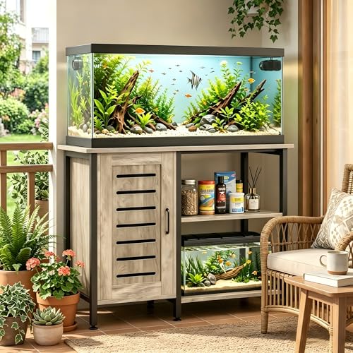 Image of Herture 40-50 Gallon Fish Tank Stand, Aquarium Stand with Cabinet Accessories Storage, Heavy Duty Metal Frame, 40.55 inch L*18.89 inch W Tabletop, 1000LBS Capacity, Greige PG02YGZ