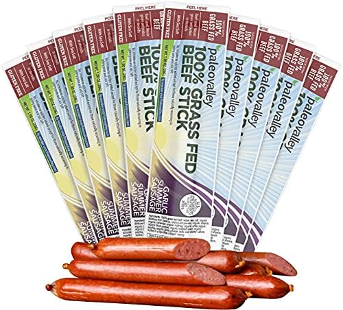 Paleovalley 100% Grass Fed Beef Sticks - Garlic Summer Sausage - Organic and Gluten Free Paleo and Keto Protein Snacks With Probiotics - Shelf Stable Pantry Staples - Made in the USA