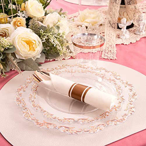 Pulote 175Pcs Rose Gold Plastic Plates-Clear Rose Gold Plates Include 25 Dinner Plates,25 Dessert Plates,25 Per Rolled Cutlery,25 Cups,Idea For Wedding&Party #TOP4