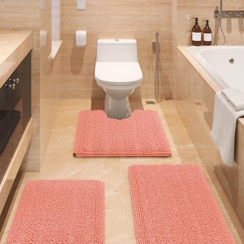 Striped Coral Bathroom Rug Set 3 Pieces Ultra Soft, Non Slip Chen...