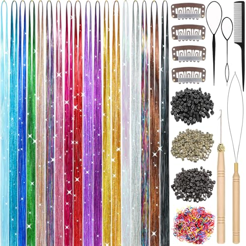 Aokomisu Hair Tinsel, 18 Colors 7800 Strands 48 Inch Glitter Tinsel Hair Extensions Kit Heat Resistant Daily Use Festivals Shiny Fairy Hair Accessories for Girls Kids Women (18 Colors)