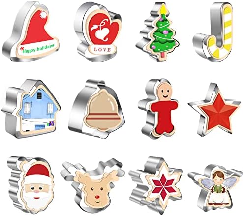 12 Pcs Stainless Steel Christmas Cookie Cutters, Holiday Cookie Cutters Snowflake, Christmas Tree, Stocking,Santa, Bell & More Cookie Cutters Christmas Shapes for Fondant Holiday DIY Baking