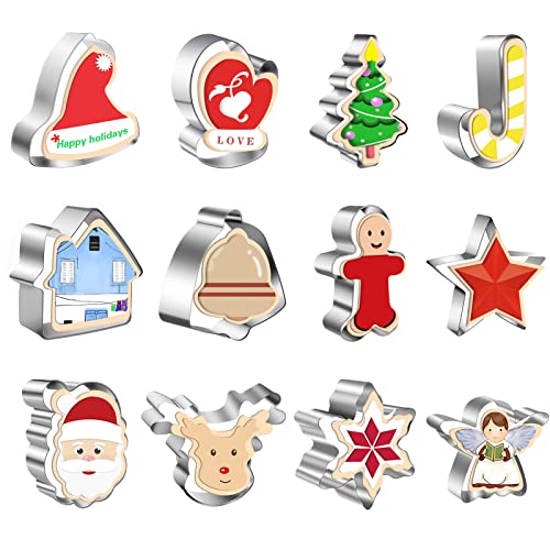12 Pcs Stainless Steel Christmas Cookie Cutters, Holiday Cookie Cutters Snowflake, Christmas Tree, Stocking,Santa, Bell & More Cookie Cutters Christmas Shapes For Fondant Holiday Diy Baking #TOP30