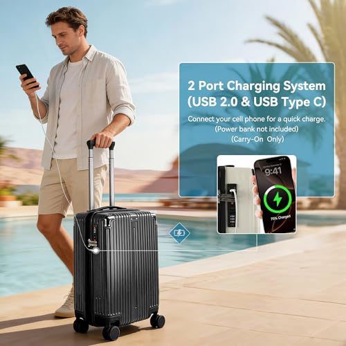 Image of 20 Inch Carry On Luggage with Spinner Wheels,PC Expandable Hard Shell Suitcase with USB Port,Lightweight Travel Luggage Airline Approved for Men Women (Iron Gray)