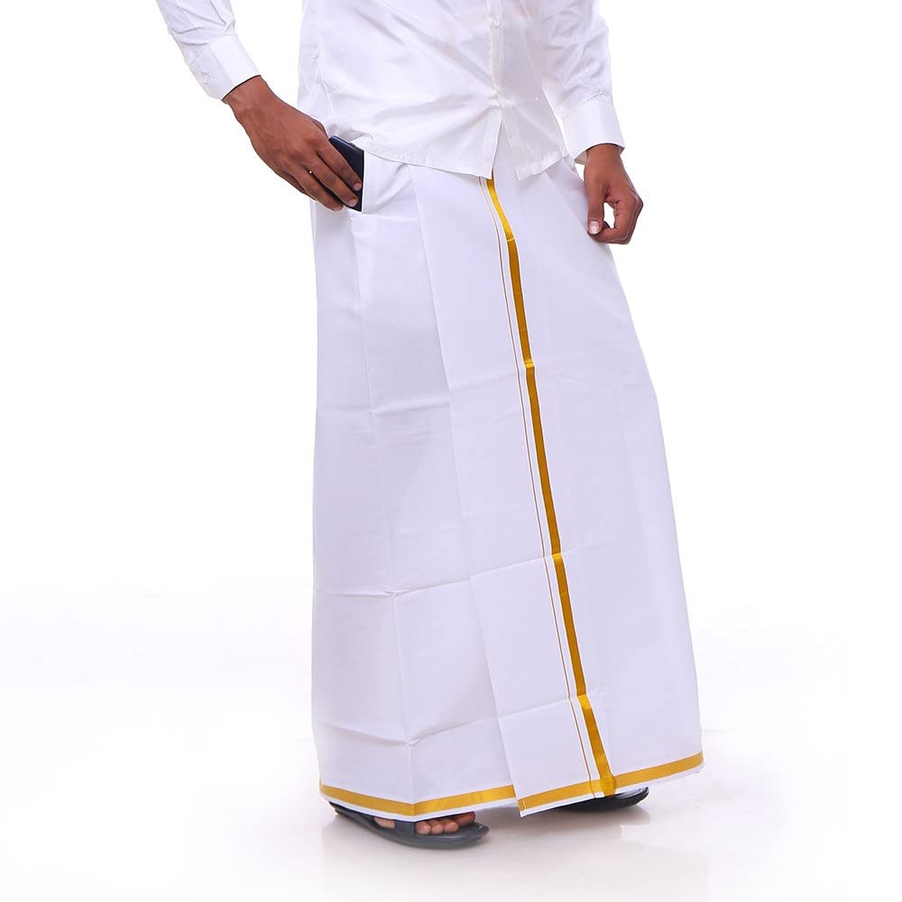 Baumwolle Dhotis für Herren mit goldener Zari-Bordüre,Weißer verstellbarer Dhoti mit Tasche, Weiss/opulenter Garten, Einheitsgröße