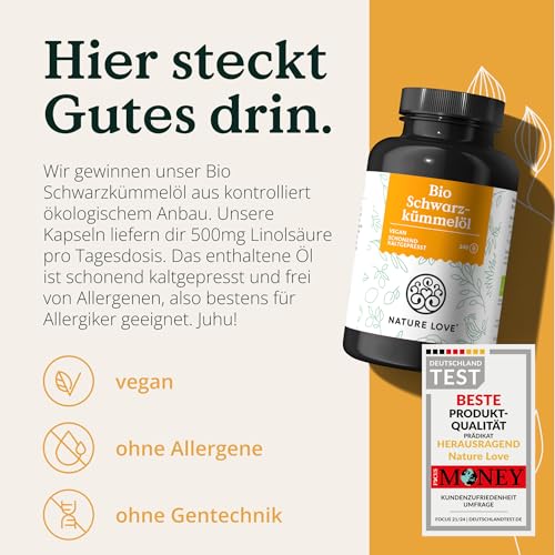 NATURE LOVE® Bio Schwarzkümmelöl - 240 allergenfreie, vegane Kapseln - hochdosiert: 1000mg pro Tagesdosis - davon 50% Linolsäure - kaltgepresst, aus Ägypten 4