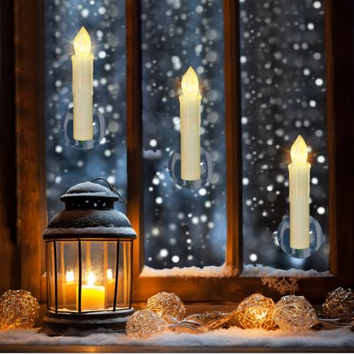 Image of PChero Window Candles Battery Operated with Timer Remote, 20 Pcs Christmas Flameless Candles, Waterproof Flickering Taper Candles for Window, Christmas Tree, Halloween Decor