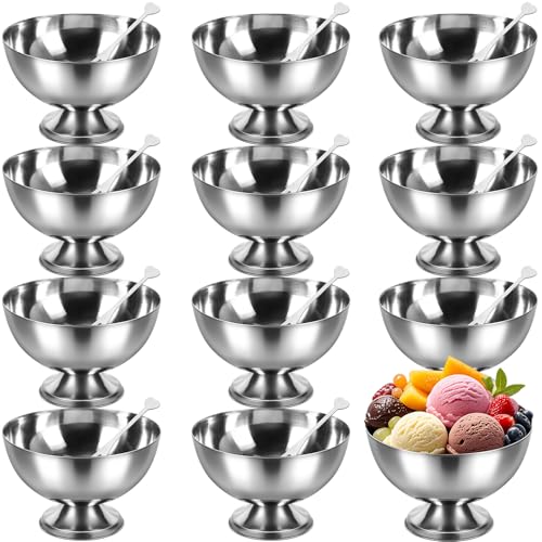 Honeydak 12 Set Stainless Steel Ice Cream Bowl with Forks Serving Dessert Cup Sauce Bowls Dish Metal Dessert Glasses Salad Holder Round Footed Yogurt Snack Candy Cups for Fruit Pudding(4.2 Inch)