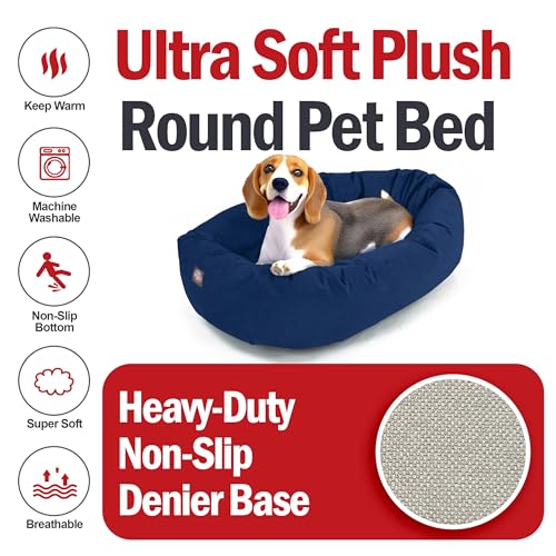 Image of Majestic Pet Suede Shredded Memory Foam Mix Calming Dog Bed Washable - Cozy Soft Round Dog Bed with Spine for Head Support - Fluffy Donut Dog Bed, 32 Inch, Navy