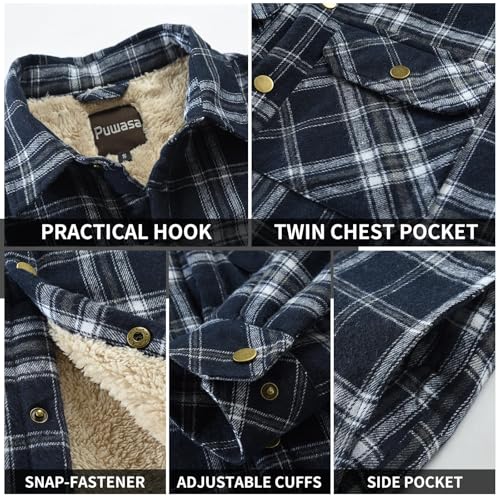 Image of Men's Sherpa Cotton Flannel Shirt Jacket Plaid Button Coat Pocket